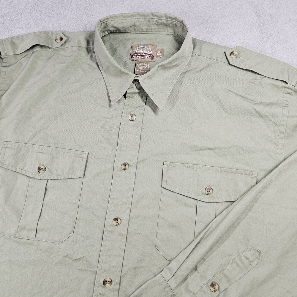 Cabelas Safari Series Shirt Men XLT Green Button Up Pockets Explorer L/S Epaulet